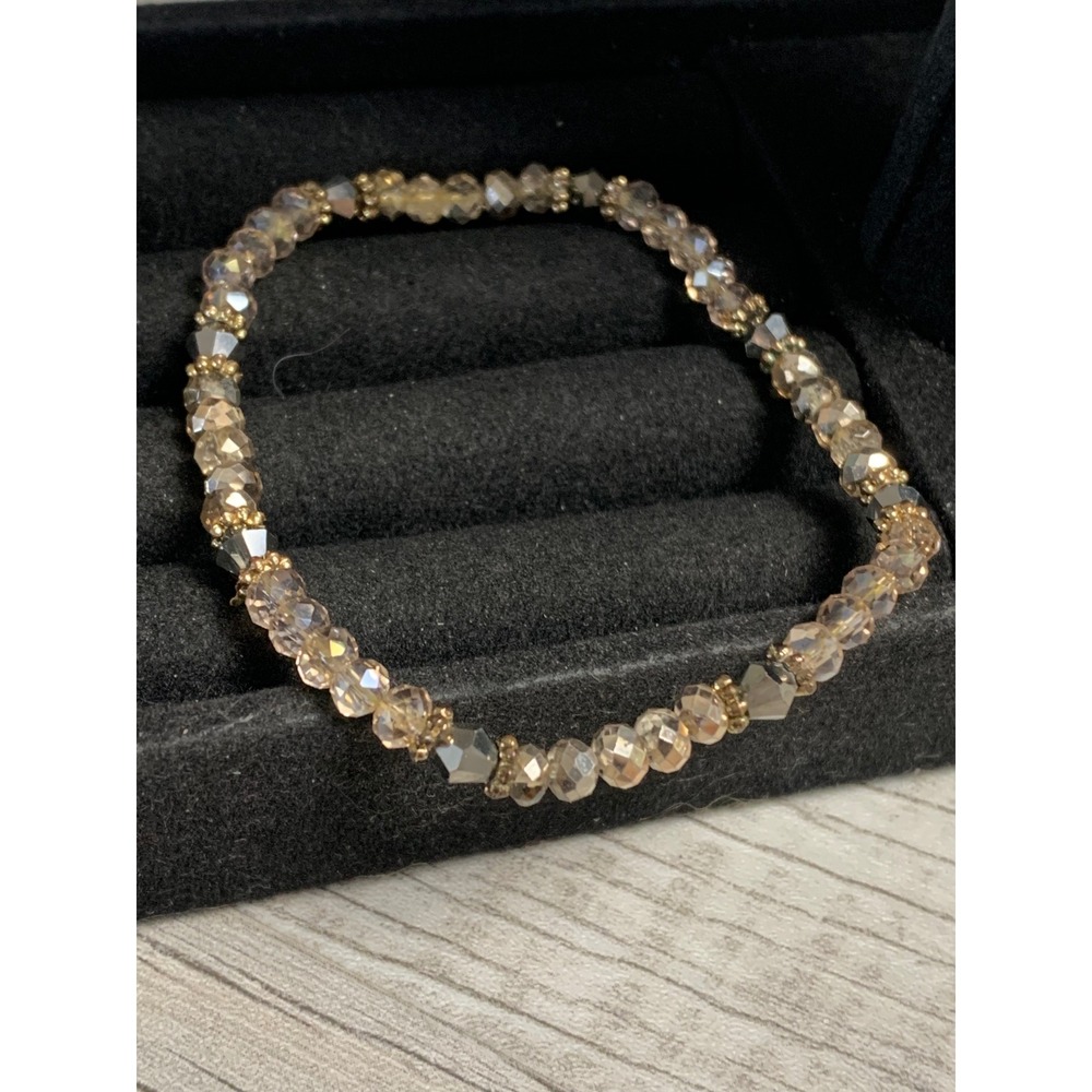 Champagne Crystal Beaded Stretch Bracelet Gold Tone Accents Smoky Grey 6.5 Inch